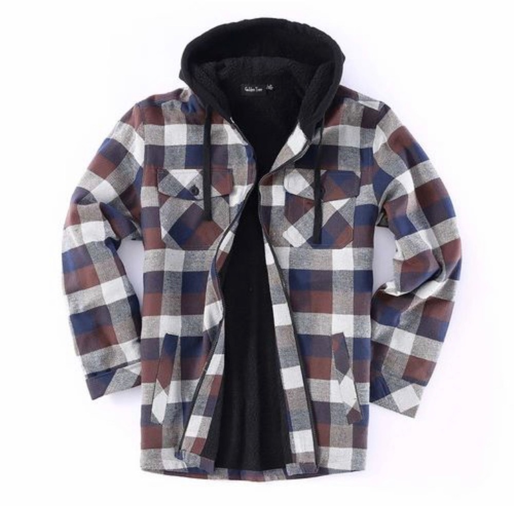 Men’s brown and blue fleece lined hoodie flannel jacket side pockets size L